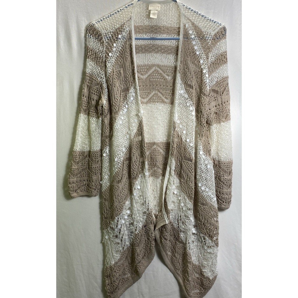 Boho Crochet Duster Chicos‎ Womens Cardigan Cotton Blend 1 Tan White Fringe Top